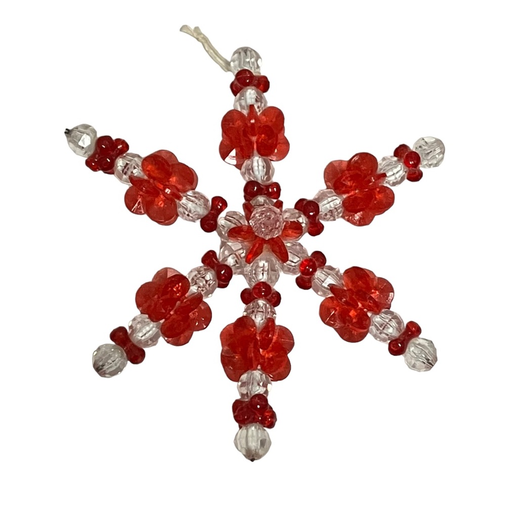 Vintage Beaded Red and White Snowflake Christmas Ornament